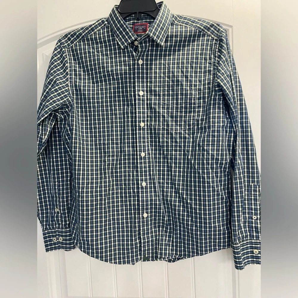UNTUCKit Dress Shirt Mens Large long sleeve Blue green plaid 100% Cotton preppy